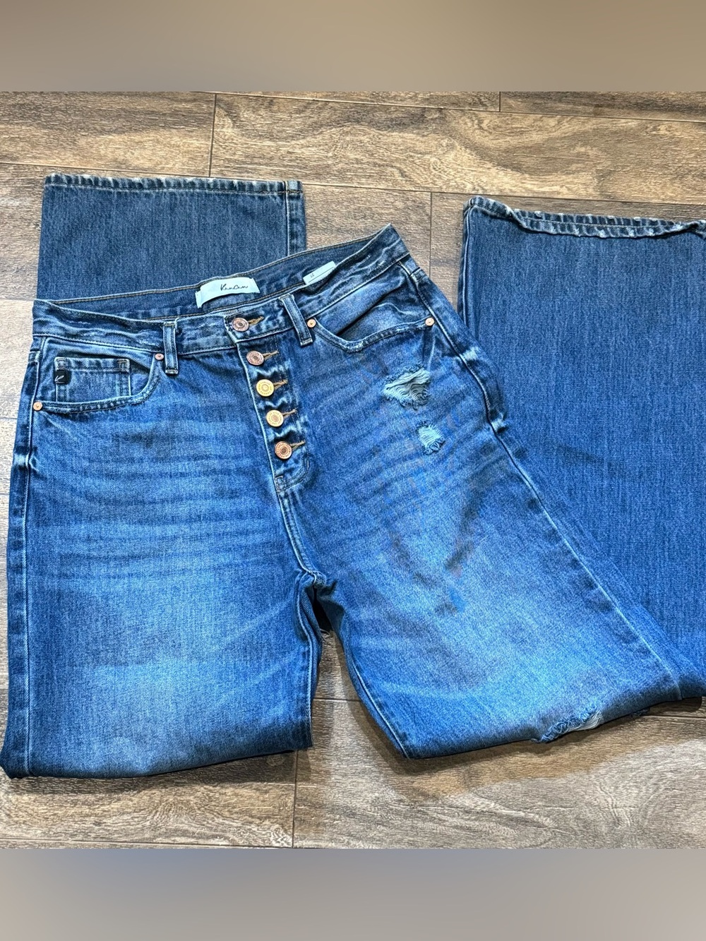 KanCan Women's Boyfriend Jeans - Distressed Medium Blue with Copper Buttons